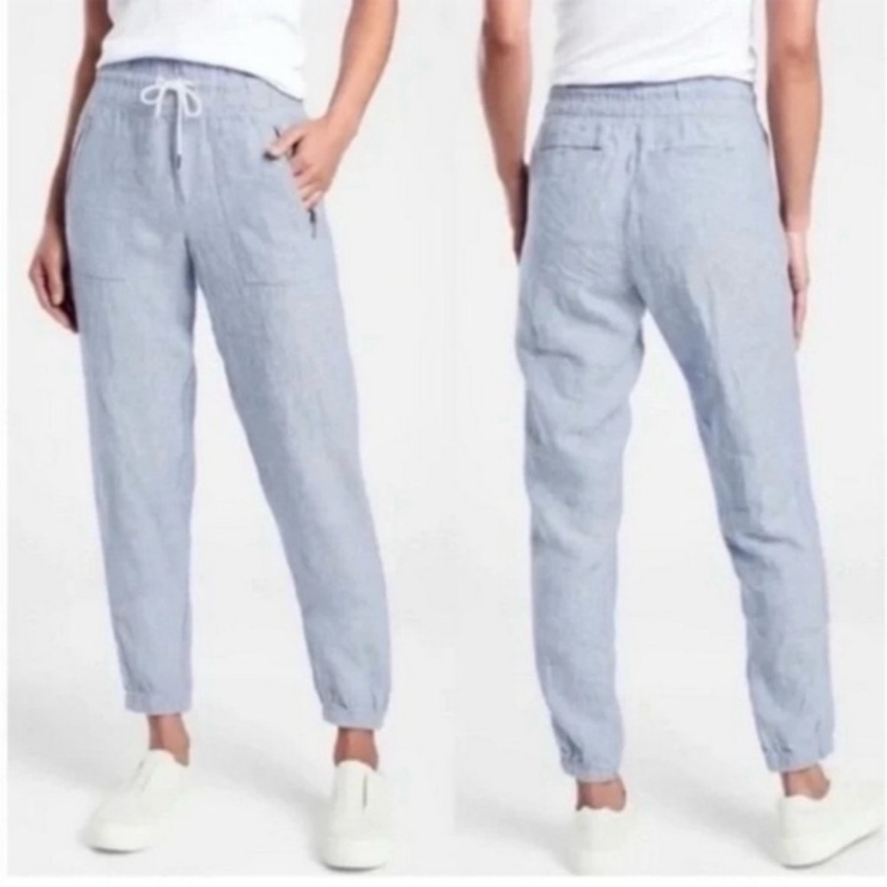 Athleta Summery Light Blue Cabo Linen Joggers Size 8 resort beach minimalist